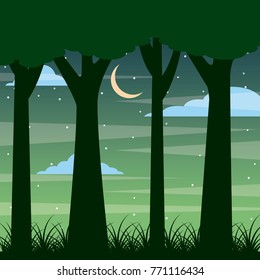 forest trunk of tree night landscape with moon and clouds