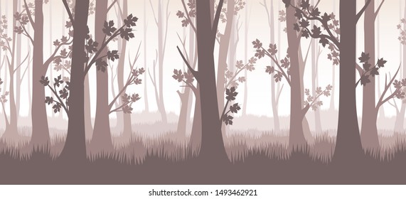 Forest twilight vector illustration. Trees and branches horizontal seamless pattern, misty wood tree background, dark woods, shadows silhouette foresty trunks image