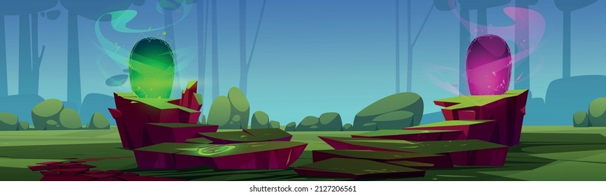 Forest with two magic portals on glade. Vector cartoon fantasy illustration, game background of summer woods landscape with trees, bushes and mystery gates with pink and green glow