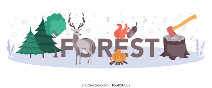 Encabezado tipográfico del bosque. Protección y rehabilitación de la madera. Los guardabosques cuidan de los animales, evitan los incendios y la caza furtiva. Ilustración vectorial plana aislada