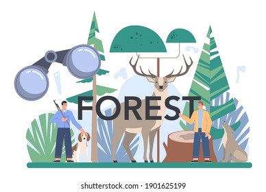 Encabezado tipográfico del bosque. Protección y rehabilitación de la madera. Los guardabosques cuidan de los animales, evitan los incendios y la caza furtiva. Ilustración vectorial plana aislada