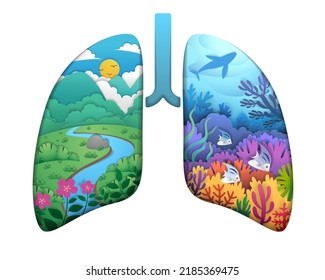 Forest and underwater nature paper cut art in lung shape frame.