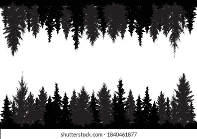 Forest and forest upside down. Black silhouettes of spruce trees. Vector illustration