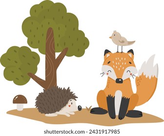 Forest vector, Abstract forest animal vector, forest items, cute animal isolated, kids vector