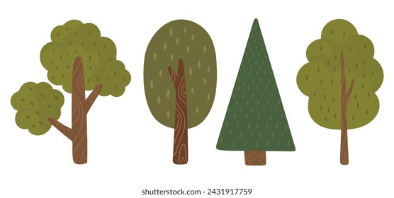 Forest vector, Abstract tree set vector, forest items, cute tree isolated, kids vector