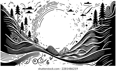 Forest vector black line illustration isolated white. Sketch art