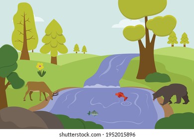 Forest vector concept. Natural river with fish, deer, and bear at the forest
