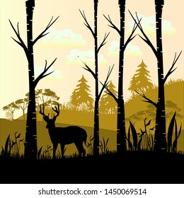  in the forest .Vector flat with wild forest: trees, bush and deer animal isolated on brown background.