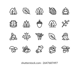 Conjunto de Ícones de Vetor da Floresta | Espessura ajustável da linha | Árvore, Folha, Acorn, Pinecone, Cogumelo, Berry, Ramo, Carvalho, Natureza, Floresta, Madeira, Stump, Ícones Ecológicos