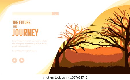 Forest vector landing page template. Woods minimalistic landscape flat illustration. Active holidays, adventure journey. Camping, trekking, traveling web banner layout with text space