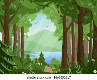 Forest vector landscape flat vector illustration. Woodland scenery, wildlife panorama, lake and mountains, hilly terrain scene. Nature, summertime, rural landscape, green valley panoramic view.