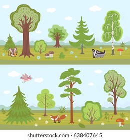 Forest vector landscapes set. Cartoon nature panorama with trees