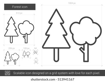 Icono de línea vectorial de bosque aislado en fondo blanco. Icono de línea forestal para infografía, sitio web o aplicación. Icono escalable diseñado en un sistema de cuadrícula.