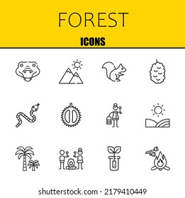 forest vector line icons set. crocodile, mountain and squirrel Icons. Thin line design. Modern outline graphic elements, simple stroke symbols stock illustration