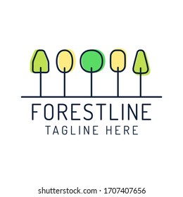 Forest vector logo. Several different trees are made in a neat linear style.