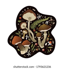 Forest vector nature greeting card with mushroom, fern and forest herbs.  Beautiful natural illustration for t-shirt print.