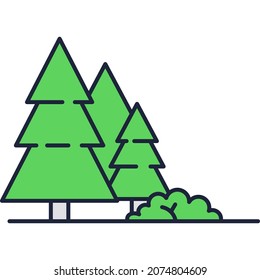 Forest vector. Nature landscape icon. Isolated flat fir, pine and spruce grove. Coniferous wood symbol. Evergreen plant woodland. Green wanderlust for adventure. Tourism and journey concept