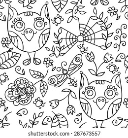 Forest vector seamless pattern. Doodle background with flowers, leafs, owls.