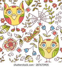 Forest vector seamless pattern. Doodle background with flowers, leafs, owls.