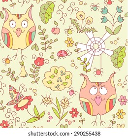 Forest vector seamless pattern. Doodle background with flowers, leafs, owls. Cute print. Cartoon background.