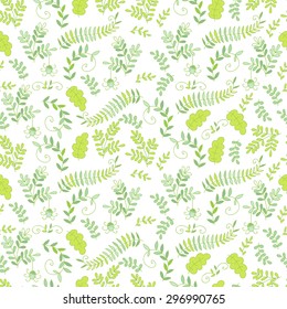 Forest vector seamless pattern. Doodle background with leaves and spider. Cute print background. Cartoon background.