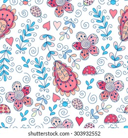 Forest vector seamless pattern. Doodle background with flowers, leafs, bugs. Cute print background. Cartoon background