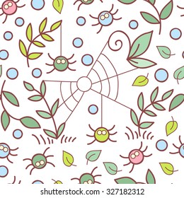 Forest vector seamless pattern. Doodle background with flowers, leafs, spiders. Cute print background.