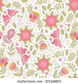 Forest vector seamless pattern. Doodle background with flowers, leafs and butterfly's. Cute print background.