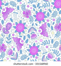 Forest vector seamless pattern. Doodle background with flowers, leafs and butterfly's. Cute print background.