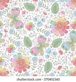 Forest vector seamless pattern. Doodle background with flowers, leafs, bugs and butterfly's. Cute print background