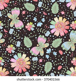 Forest vector seamless pattern. Doodle background with flowers, leafs, bugs and butterfly's. Cute print background
