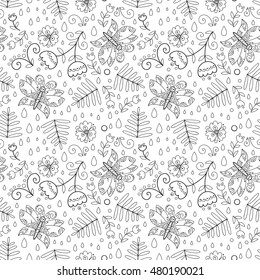 Forest vector seamless pattern with flowers and butterfly's . Cute black and white print with butterfly's.
