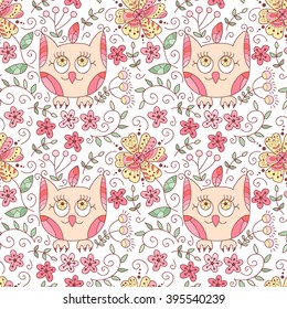 Forest Vector Seamless Pattern Owls Flowers Stock Vector (Royalty Free ...