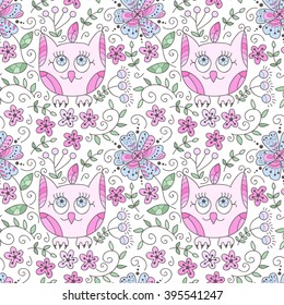 Forest vector seamless pattern of owls and flowers. Doodle background with flowers, leafs, owl. Cute print background. Cartoon background.