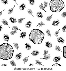 Forêt image vectorielle motif harmonieux de branches de pin, cônes de pin et anneaux d'arbre