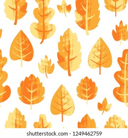 Forest vector seamless pattern with stamp textured leaves. Autumn hand drawn illustration. Background in scandinavian style.