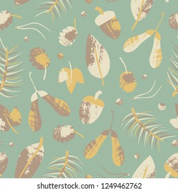 Forest vector seamless pattern with stamp textured leaves. Autumn hand drawn illustration. Background in scandinavian style.