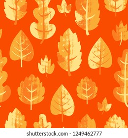 Forest vector seamless pattern with stamp textured leaves. Autumn hand drawn illustration. Background in scandinavian style.