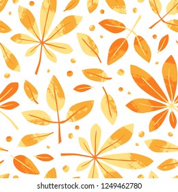 Forest vector seamless pattern with stamp textured leaves. Autumn hand drawn illustration. Background in scandinavian style.