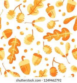 Forest vector seamless pattern with stamp textured leaves. Autumn hand drawn illustration. Background in scandinavian style.