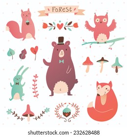 Forest vector set. Illustration of forest animals and plants