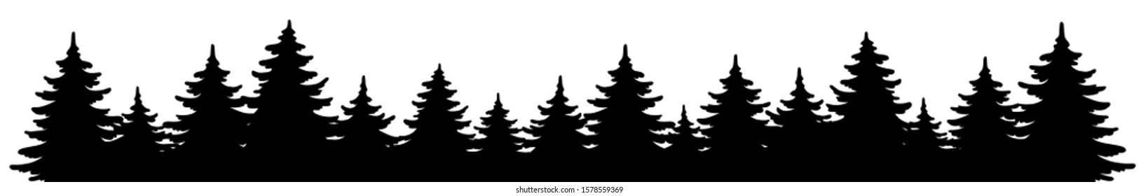 Forest vector shape. Pine tree landscape, panorama. Hand drawn stylized black and white illustration. Element for design christmas banner