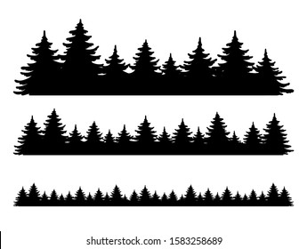 Forest vector shape set. Pine tree landscape collection, panorama. Hand drawn stylized black illustrations isolated on  white background. Element for design christmas banner, poster.