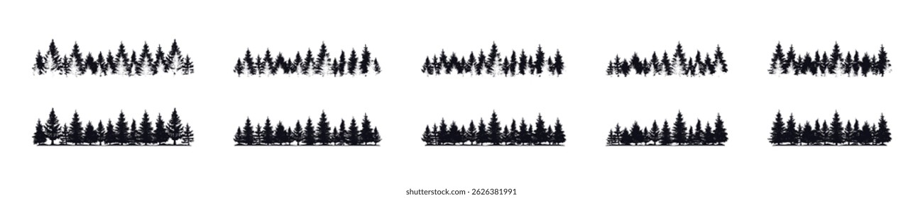 Forest vector silhouette collection. Pine trees silhouettes set. Black natural scape tree group illustrations