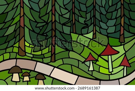 forest vector stained-glass background with mushrooms and path