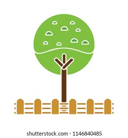 forest, vector tree with wooden fence silhouette, leaves, nature, forest trees isolated