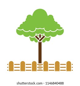 forest, vector tree with wooden fence silhouette, leaves, nature, forest trees isolated