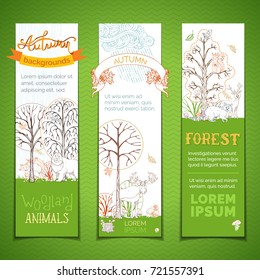 Forest vertical banners set. Vector set of wild animals and birds. Cute moose, fox, deer, bear, squirrel, hedgehog. Contour illustration. Autumn trees, leaves, grass and mushrooms. Clouds and rain.
