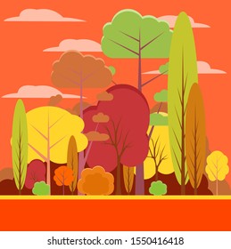 Forest View for Autumn Flat Illustration. Colorful Forest in the evening