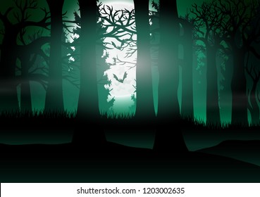 Vista del bosque con el fondo de la luz de la luna llena
